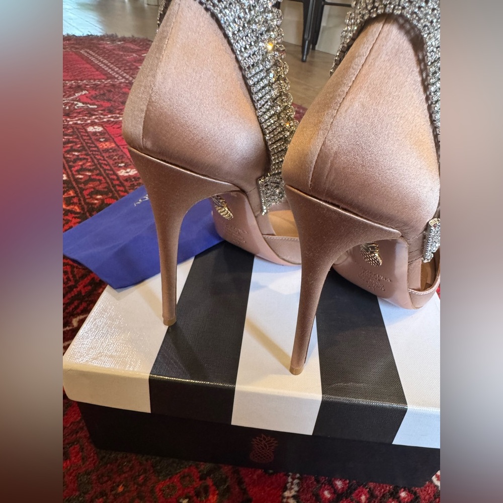 Aquazzura Blush Pink Satin Crystal Embellished Peep-Toe Heels - Picture 4 of 8
